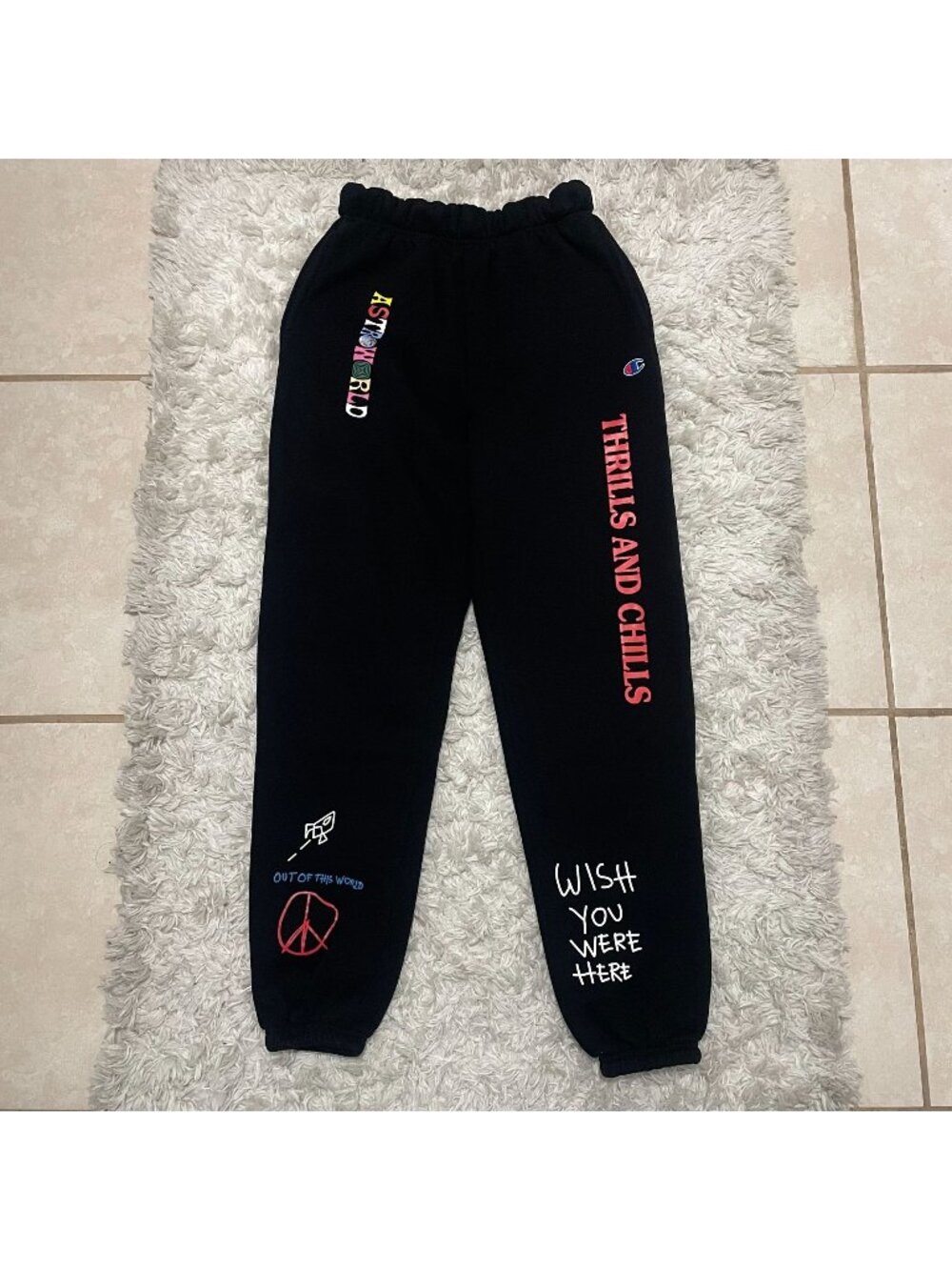 Astroworld Mens Champion Black Joggers Small Thrills And Chills Graphic Sweatpan